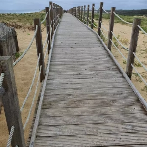 Photo d'une réalisation d'un client de Nobylis d'un plancher fait d'acacia pour créer un accès à une plage